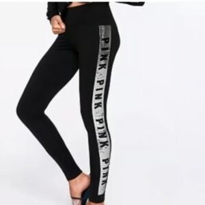 Victoria's Secret Pink Black Leggings With Silver Text Sz. Small
